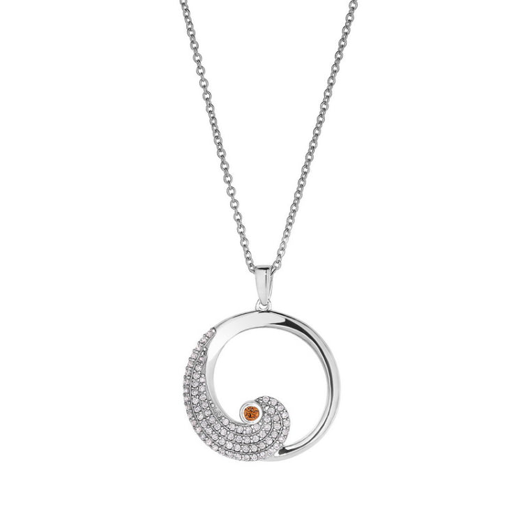 Platinum finish sterling silver micropave wave pendant with simulated citrine and simulated diamonds on adjustable chain