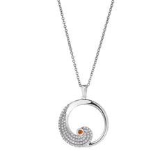 Platinum finish sterling silver micropave wave pendant with simulated citrine and simulated diamonds on adjustable chain