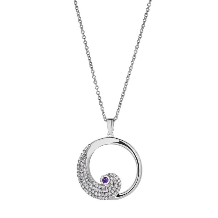 Platinum finish sterling silver micropave wave pendant with simulated amethyst and simulated diamonds on adjustable chain