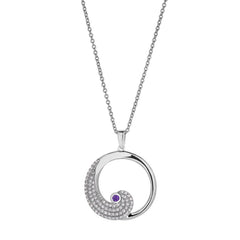 Platinum finish sterling silver micropave wave pendant with simulated amethyst and simulated diamonds on adjustable chain