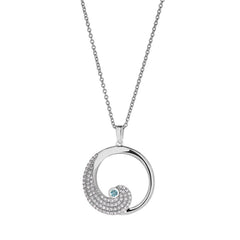 Platinum finish sterling silver micropave wave pendant with simulated aquamarine and simulated diamonds on adjustable chain