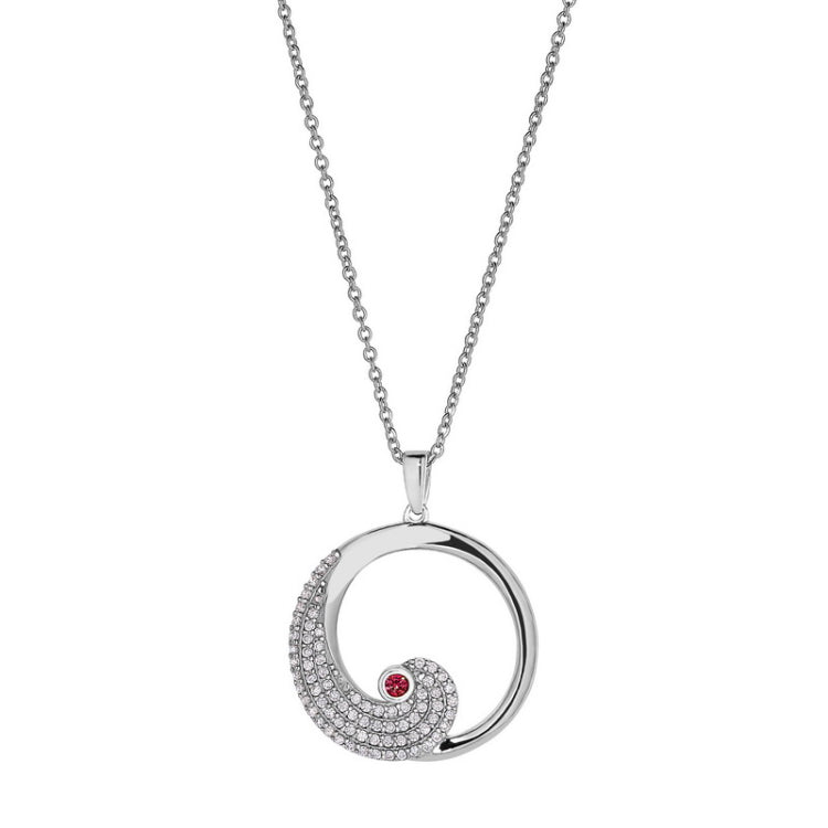 Platinum finish sterling silver micropave wave pendant with simulated ruby and simulated diamonds on 16 - 18 adjustable chai