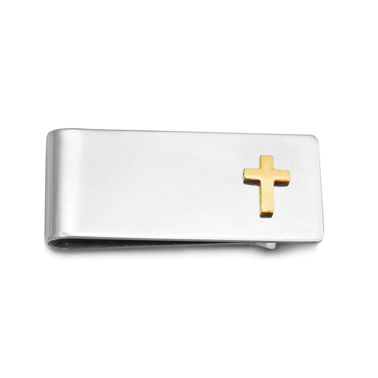 Rhodium Finish Money Clip With Gold Finish Cross