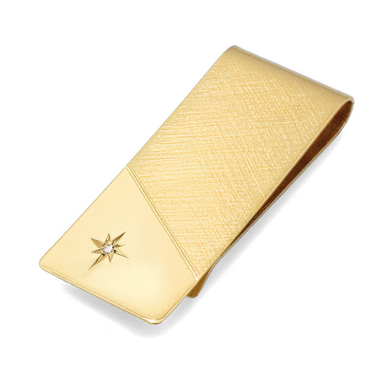 Gold Finish Florentine Two-Tone Money Clip .0075 Pt Diamond