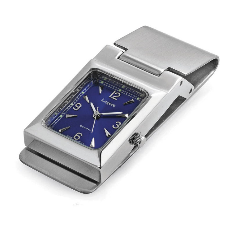 Rhodium Finish Hingled Money Clip with Rectangle Face and Blue Dial