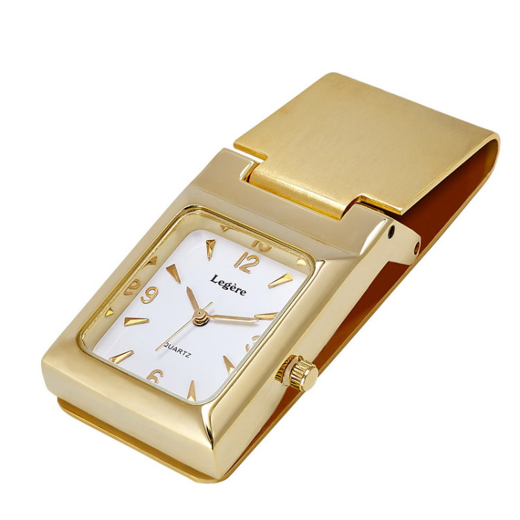 Gold Finish Square Face White Dial Hinged Watch Money Clip