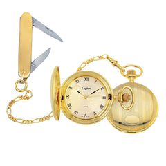 Gold Finish Large Engraved Watch Gold/Date & Plain Knife & Chain Set
