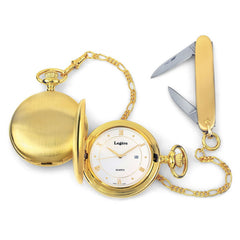 Gold Finish Large Satined Watch White/Blue Dial Knife & Chain Set