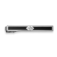 Rhodium Finish Diamond Chip Black Epoxy Tie Bar