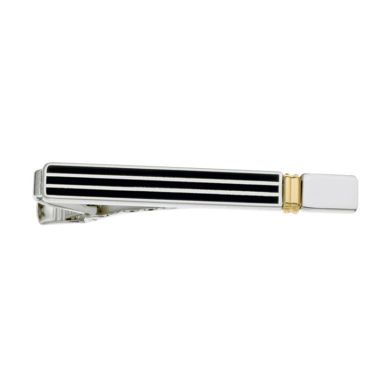 Rhodium Finish Black Horiz Lines W/Gld Stripe Tie Bar