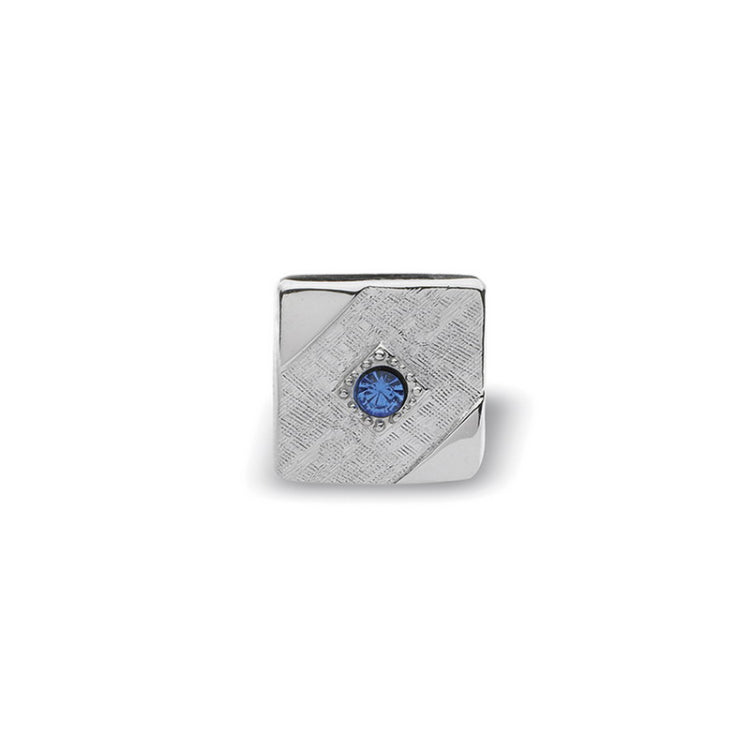 Rhodium Finish Square Florentine Tie Tack With Blue Stone