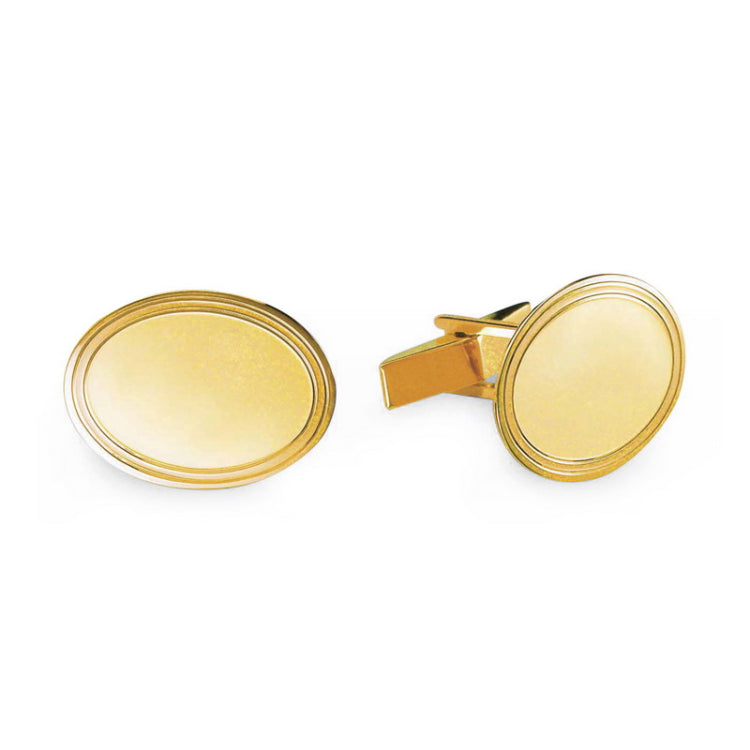 14K Yellow Gold Small Oval Cufflinks W/Polish Double Line Border