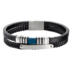 Navy Blue Leather 2 Cord Bracelet With Blue Stainless Steel Bar