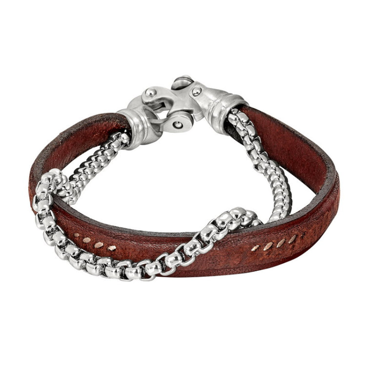 Black Leather 2 Cord Bracelet with Box Link Chain