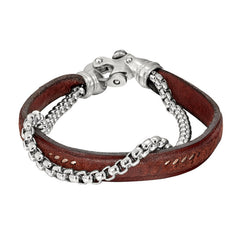 Black Leather 2 Cord Bracelet with Box Link Chain