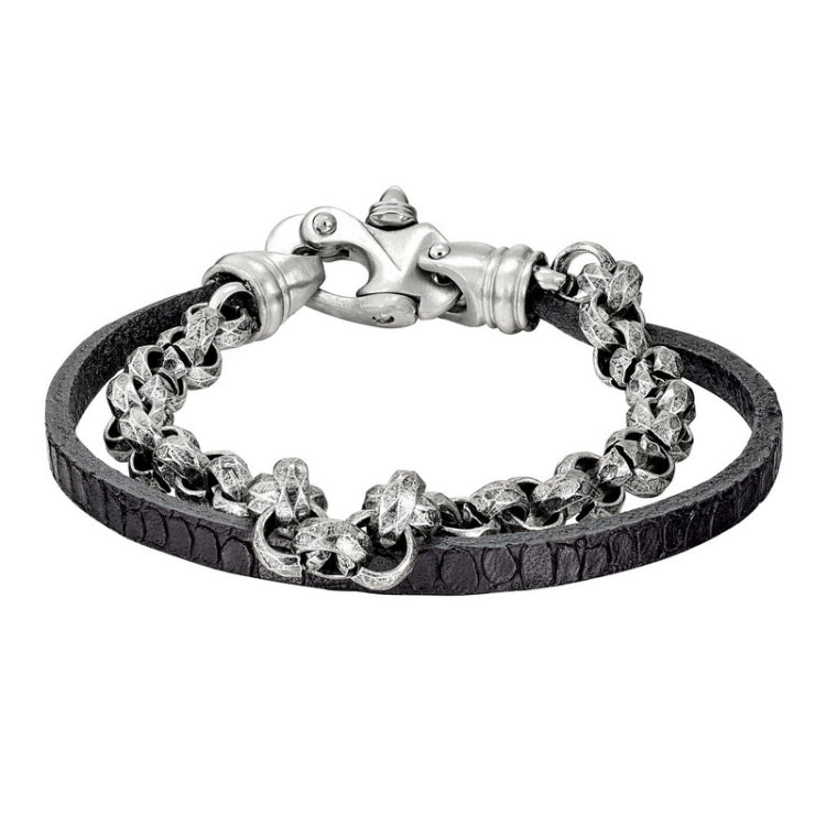 Black Leather 1 Cord Bracelet With Large Box Link Chain