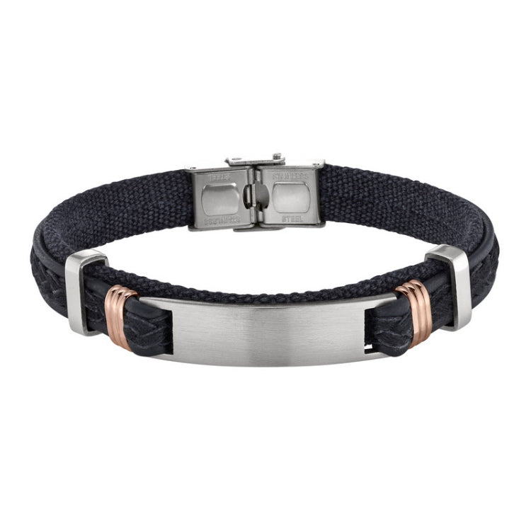 Black Leather And Fabric Bracelet With Large Central Stainless Steel Bar