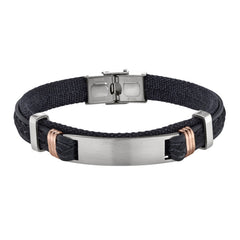Black Leather And Fabric Bracelet With Large Central Stainless Steel Bar