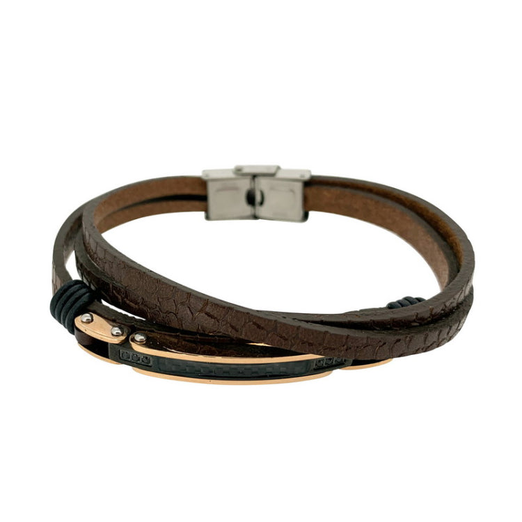 Brown Leather 3 Cord Bracelet With Central Gold And Black Steel Bar