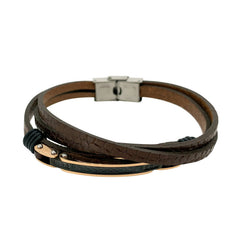 Brown Leather 3 Cord Bracelet With Central Gold And Black Steel Bar