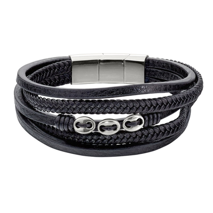 Black Leather 5 Cord Bracelet With 3 Stainless Steel Buttons
