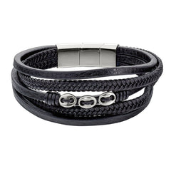 Black Leather 5 Cord Bracelet With 3 Stainless Steel Buttons