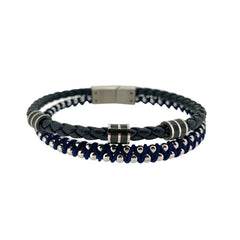 Navy Blue Leather 2 Cord Bracelet with Stainless Steel Beading