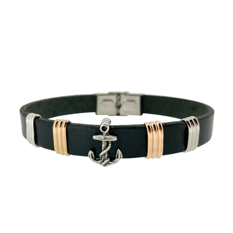 Black Leather 1 Cord Bracelet with Rose Gold IP Finish and Center Stainless Steel Anchor
