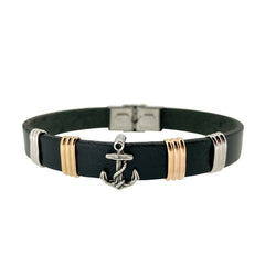 Black Leather 1 Cord Bracelet with Rose Gold IP Finish and Center Stainless Steel Anchor