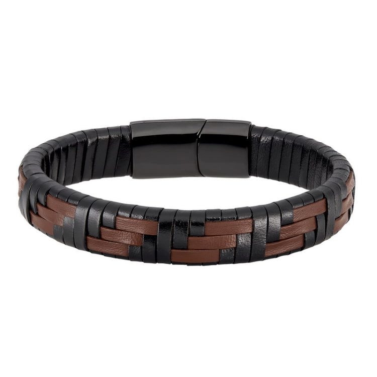 Black and Brown Basket Weave Leather Stainless Steel Bracelet