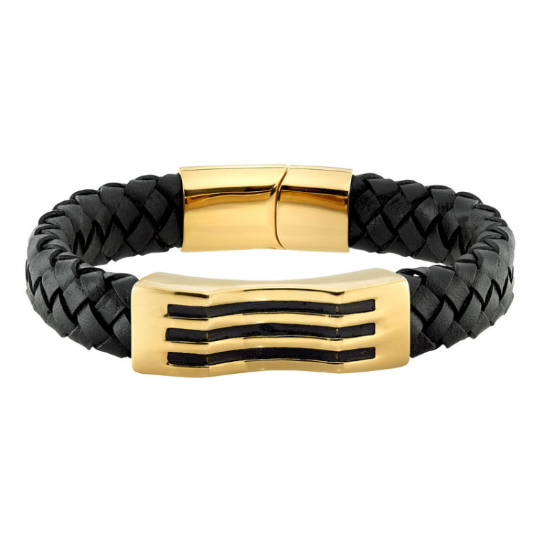 Black Braided Leather Stainless Steel With Gold Bar and Black Lines Bracelet