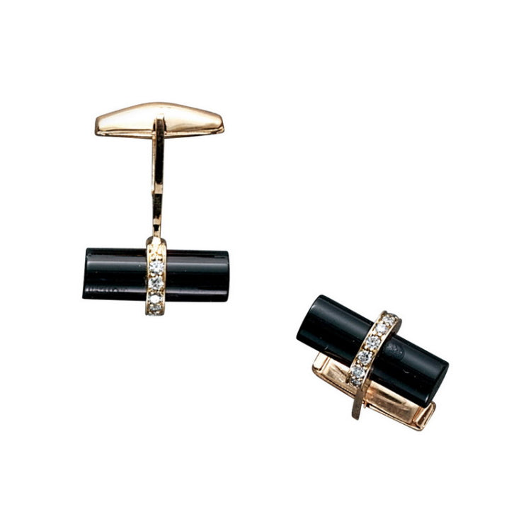 14K Yellow Gold Cylinder Onyx & Diamond Cufflinks W/.48 Cttw