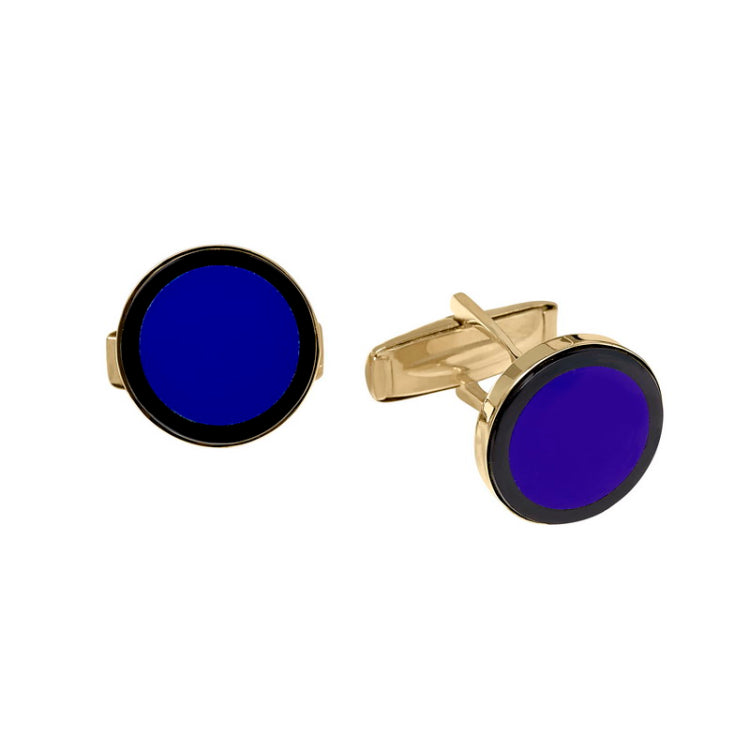 14K Yellow Gold Round Lapis & Onyx Trim Cufflinks