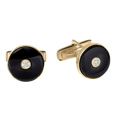 14K Yellow Gold Round Onyx Cufflinks W/.20 Cttw Diamonds