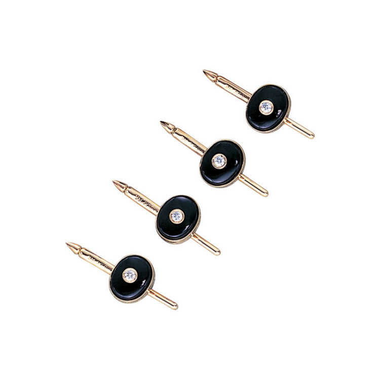 4-pc 14K Yellow Gold 10X8 Onyx Stud Set W/.16 Cttw Diamonds