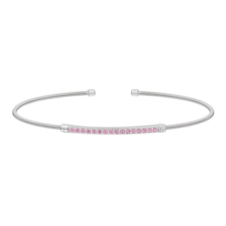 Rhodium finish sterling silver cable cuff bracelet with simulated pink sapphire birth gems - october