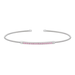 Rhodium finish sterling silver cable cuff bracelet with simulated pink sapphire birth gems - october