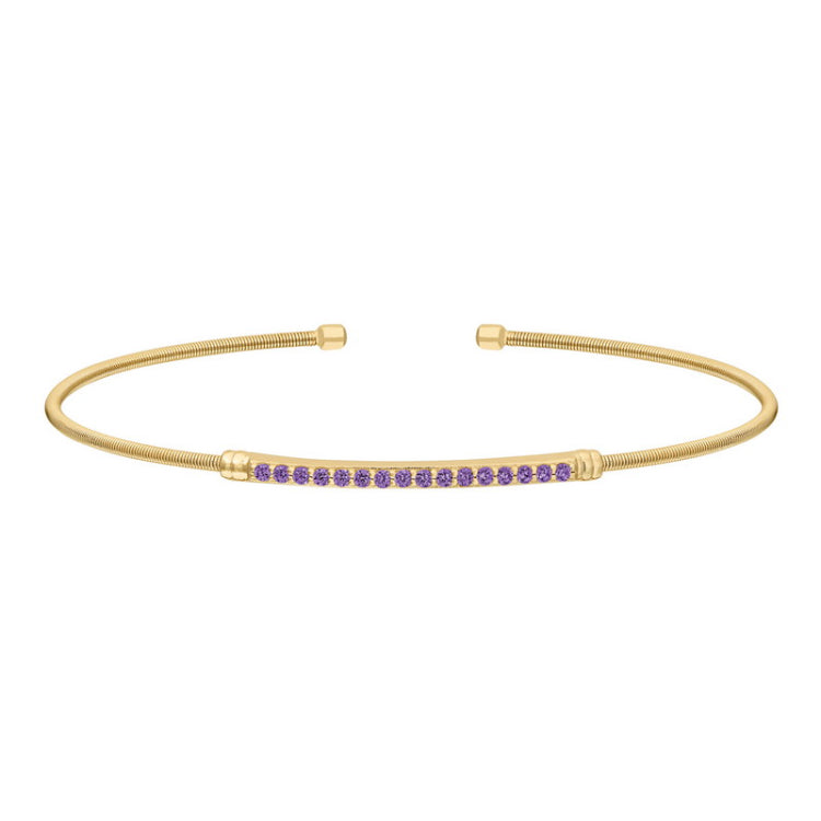 Gold finish sterling silver cable cuff bracelet with simulated amethyst birth gems - february