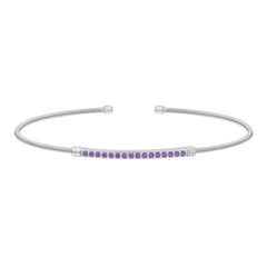 Rhodium finish sterling silver cable cuff bracelet with simulated amethyst birth gems - february