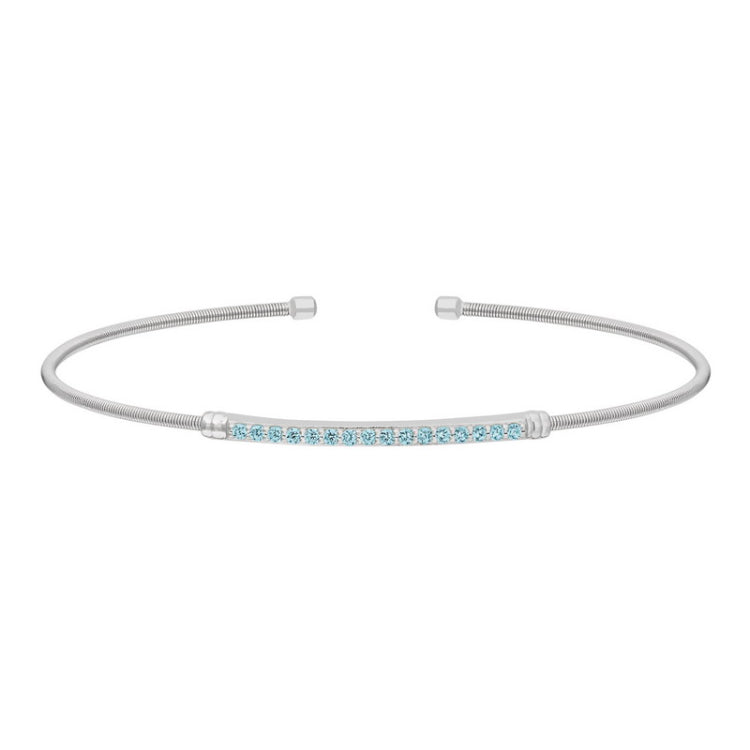 Rhodium finish sterling silver cable cuff bracelet with simulated aquamarine birth gems - march