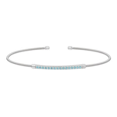 Rhodium finish sterling silver cable cuff bracelet with simulated aquamarine birth gems - march