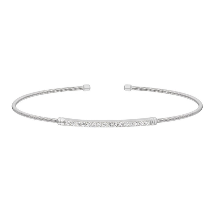 Rhodium finish sterling silver cable cuff bracelet with simulated diamond birth gems - april