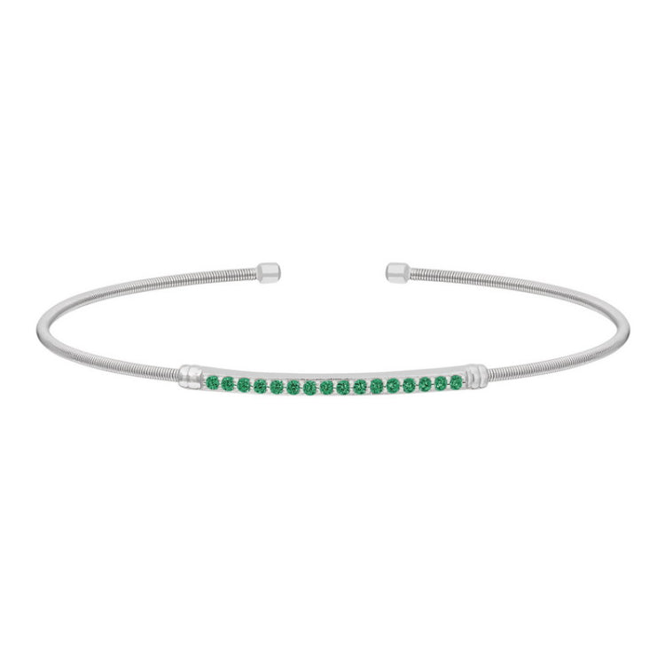 Rhodium finish sterling silver cable cuff bracelet with simulated emerald birth gems - may