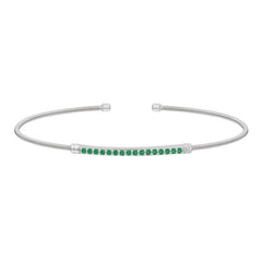 Rhodium finish sterling silver cable cuff bracelet with simulated emerald birth gems - may