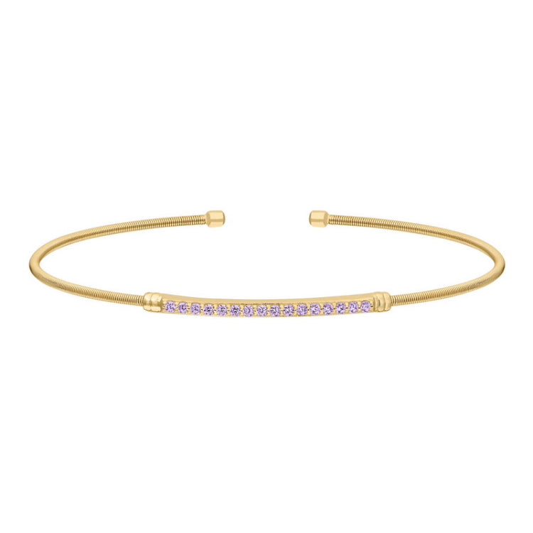 Gold finish sterling silver cable cuff bracelet with simulated light amethyst birth gems - june