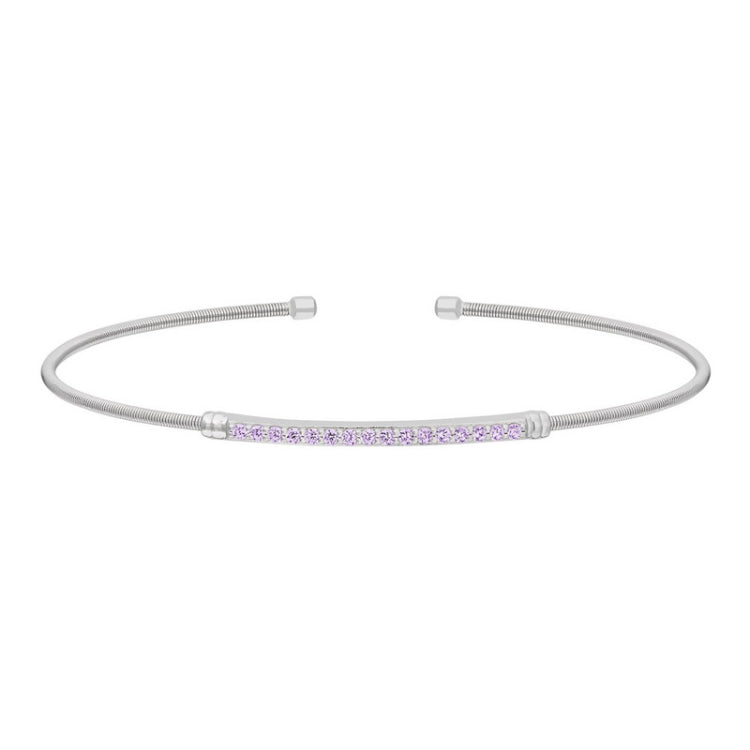 Rhodium finish sterling silver cable cuff bracelet with simulated light amethyst birth gems - june