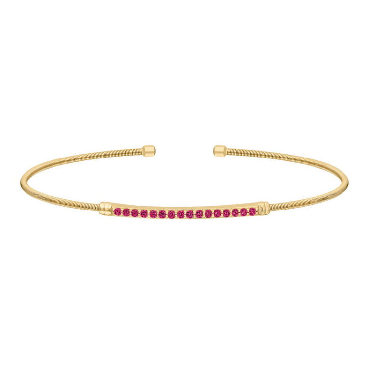 Gold finish sterling silver cable cuff bracelet with simulated ruby birth gems - july