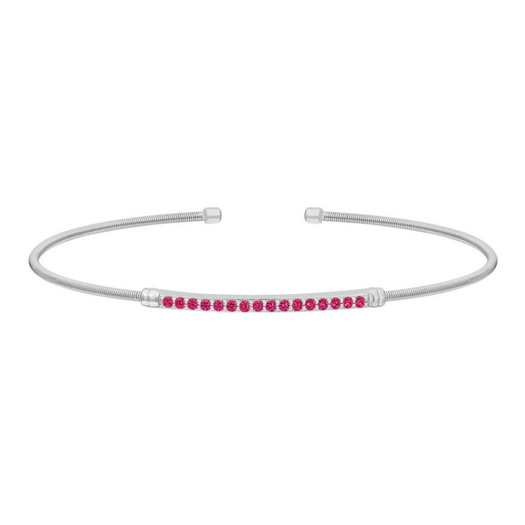 Rhodium finish sterling silver cable cuff bracelet with simulated ruby birth gems - july