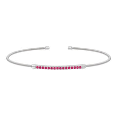 Rhodium finish sterling silver cable cuff bracelet with simulated ruby birth gems - july