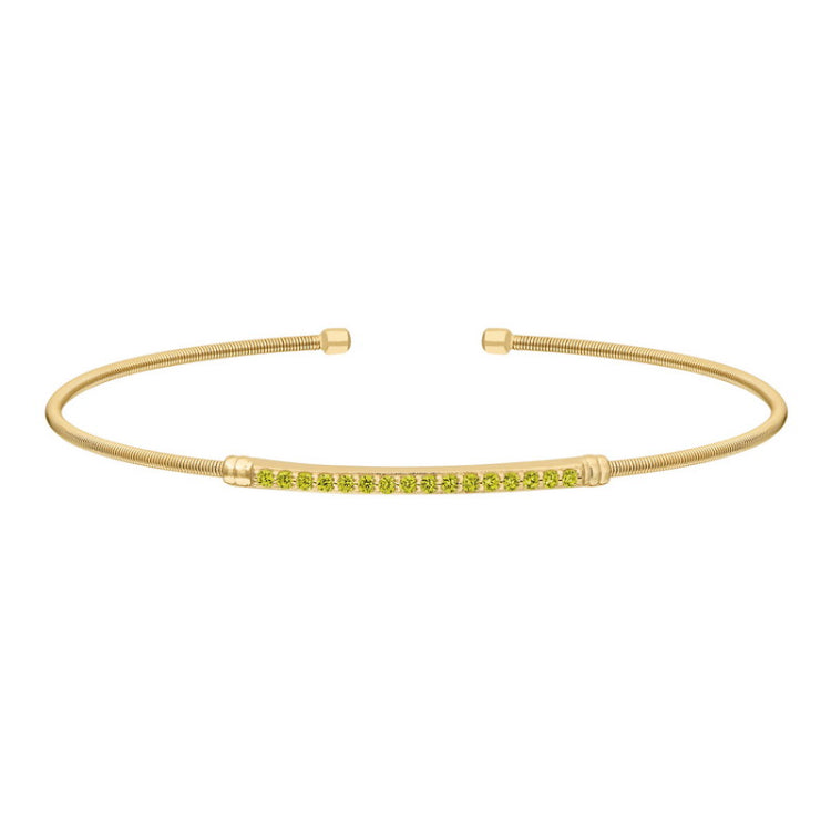 Gold finish sterling silver cable cuff bracelet with simulated peridot birth gems - august